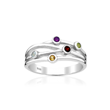 Load image into Gallery viewer, Sterling silver ring with with Amethyst, Citrine, Garnet, Peridot and Sky-Blue Topaz.
