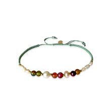 Load image into Gallery viewer, Adjustable handmade Bracelet braided with 6 beautiful gemstones and 8 Freshwater pearls. The colors are soft and elegant.
