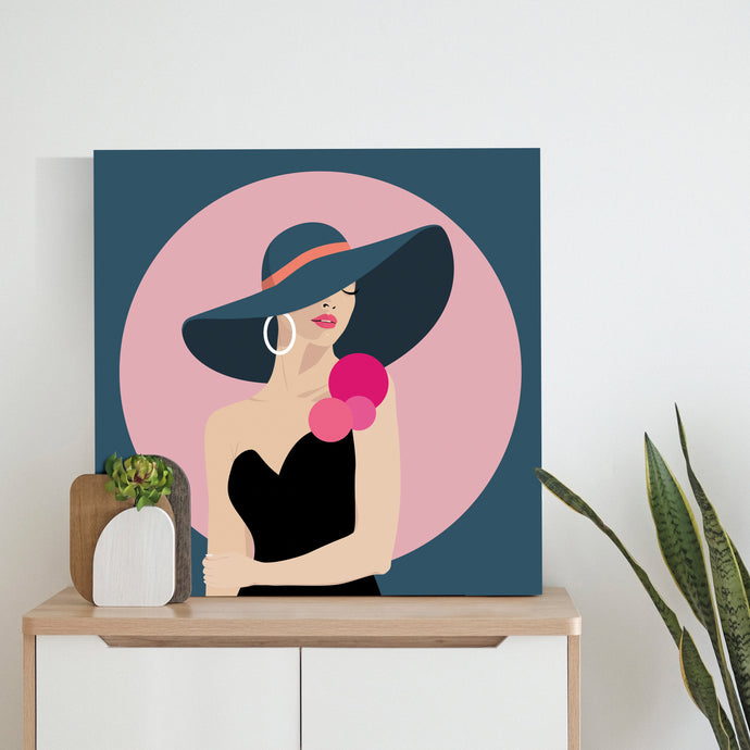 Cool Cats 8 - A self aware beauty - dark bluegrey hat - rose pompoms - black dress -pink circle - dark bluegrey background
