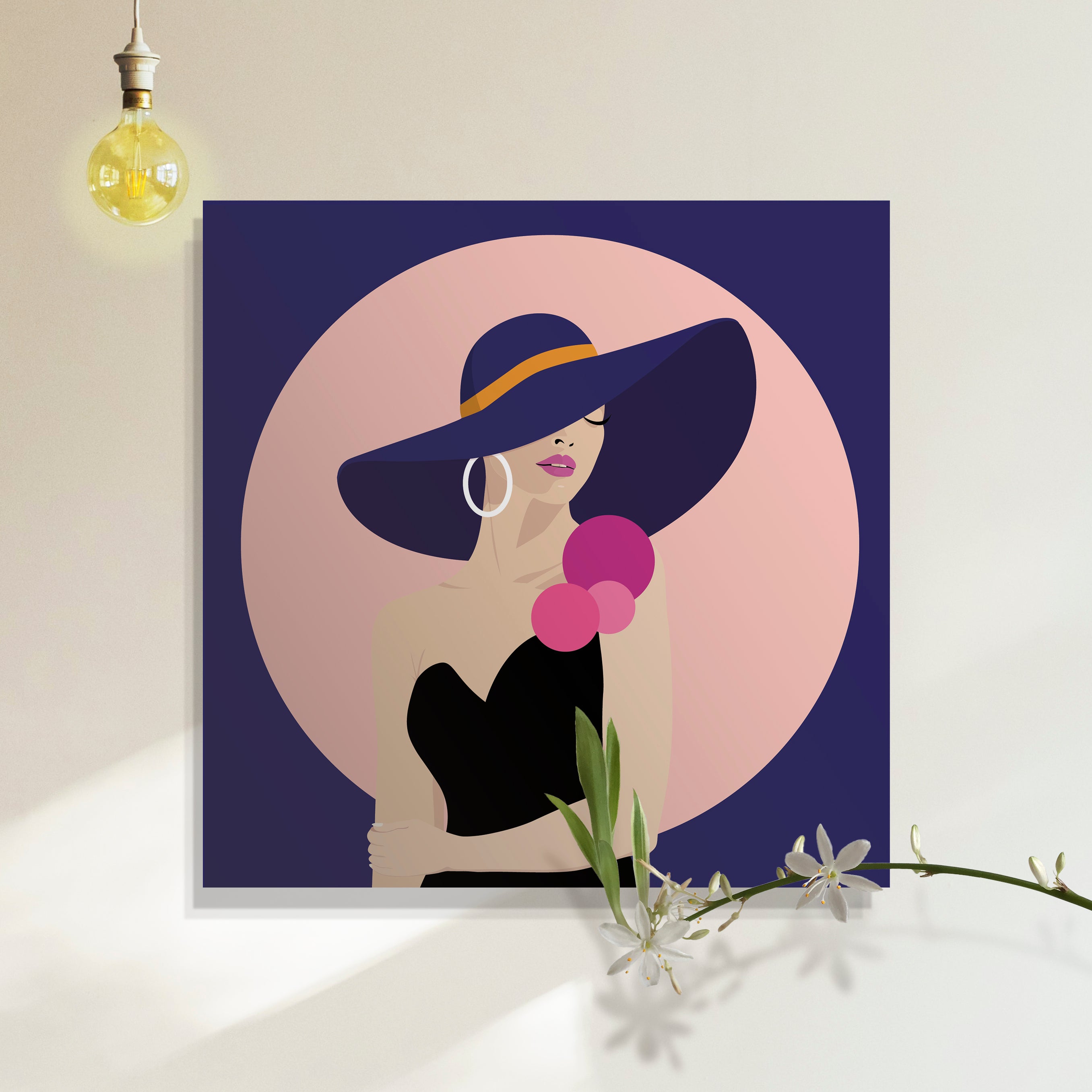 Cool Cats 8 - A self aware beauty - dark blue hat - rose pompoms - black dress - powder circle - dark blue background