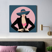 Load image into Gallery viewer, Cool Cats 5 - sexy cat standing her ground - grey hat - baby rose bra - dark blue jacket - pink circle - grey background
