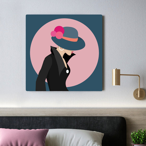 Cool Cats 6 - A glimse of earrings under a pompom hat - dark bluegrey hat - rose pompoms - black jacket - pink circle - dark bluegrey background