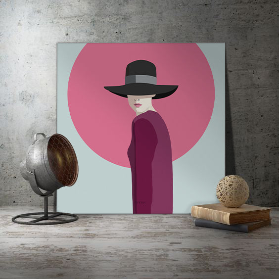 Cool Cats 1 - mint background - pink circle - cool lady looking over shoulder - dress burgundy and hat grey