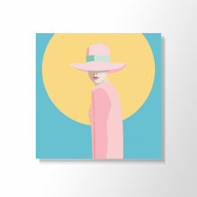 Load image into Gallery viewer, Cool Cats 1 - turquoise background - yellow circle - cool lady looking over shoulder - mistypink dress and  hat
