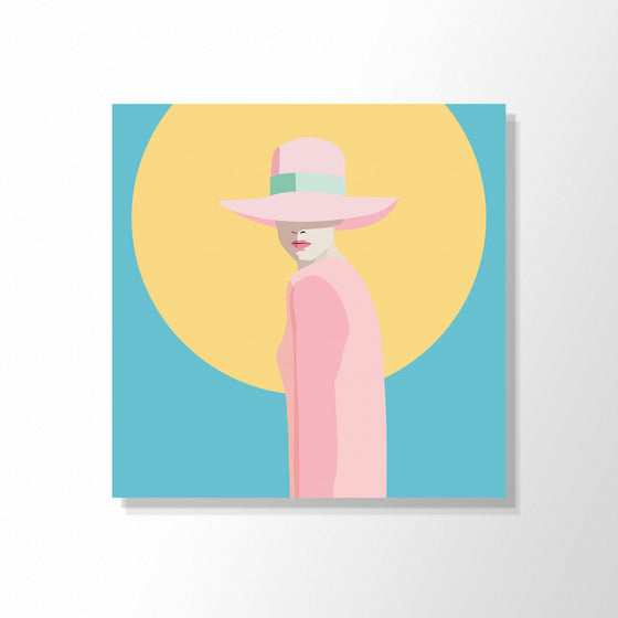 Cool Cats 1 - turquoise background - yellow circle - cool lady looking over shoulder - mistypink dress and  hat