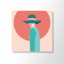 Load image into Gallery viewer, Cool Cats 1 - powder background - rusty orange circle - cool lady looking over shoulder - green dress and hat
