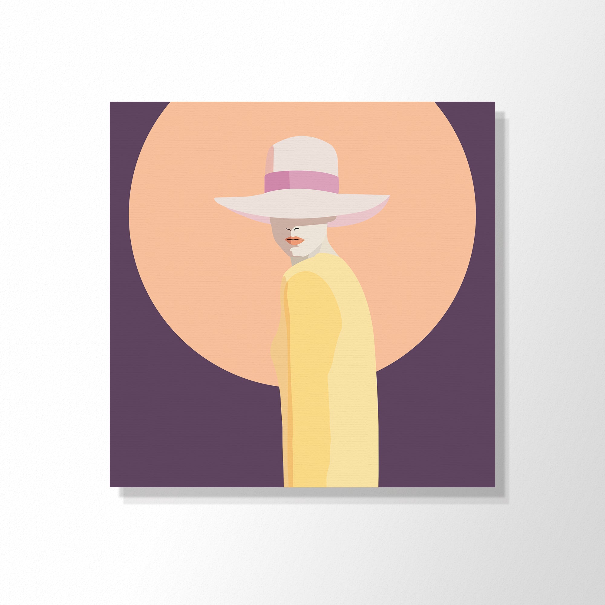 Cool Cats 1 - purple background - powder circle - cool lady looking over shoulder - yellow dress and light powder hat