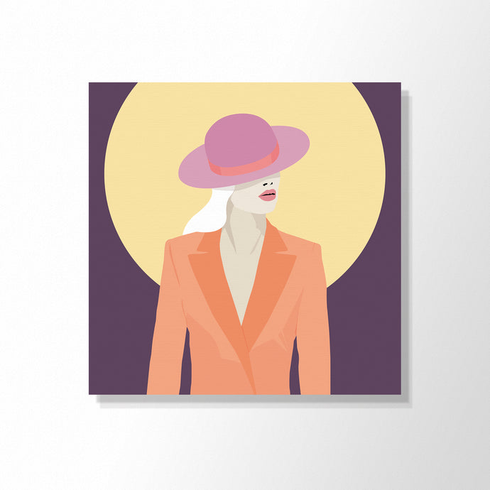 Cool Cats 3 - Stylish lady - orange jacket - turquoise hat - white hair - yellow circle - purple background