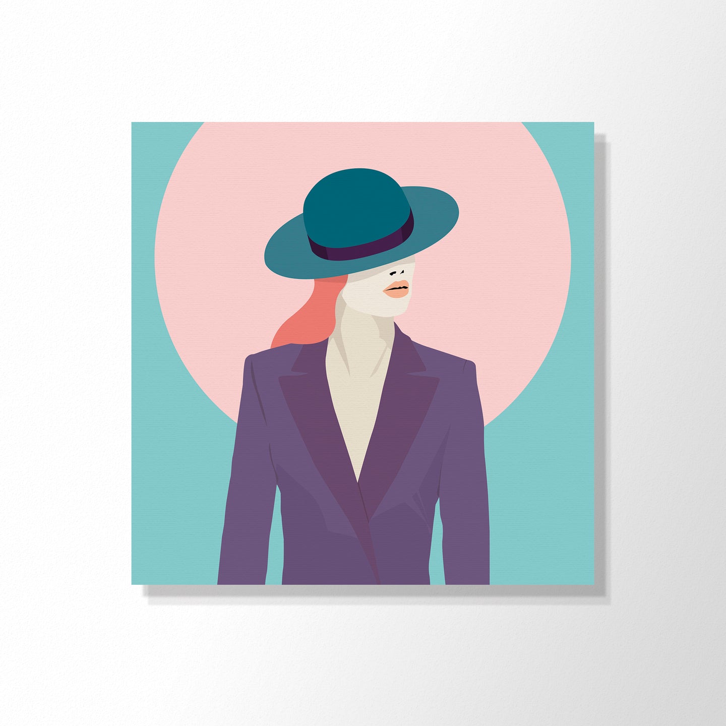 Cool Cats 3 - Stylish lady - purple jacket - green hat - reddish hair -pink circle - mint background