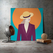Load image into Gallery viewer, Cool Cats 3 - Stylish lady - purple jacket - yellow hat - darkpowder circle - green background
