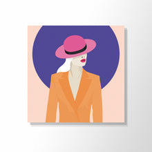 Load image into Gallery viewer, Cool Cats 3 - Stylish lady - yellow/brown jacket - turquoise hat - white hair - purple circle - powder background
