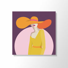 Load image into Gallery viewer, Cool Cats 4 - Larger than life hat - orange hat - yellow dress - baby rose circle - dark purple background
