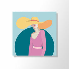 Load image into Gallery viewer, Cool Cats 4 - Larger than life hat - yellow hat - light purple  dress - petrol circle - mint background
