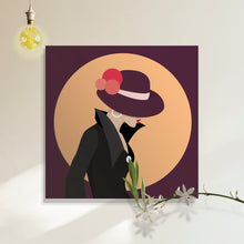 Load image into Gallery viewer, Cool Cats 6 - A glimse of earrings under a pompom hat - dark purple hat - rose pompoms - black jacket - powder circle - dark purple background
